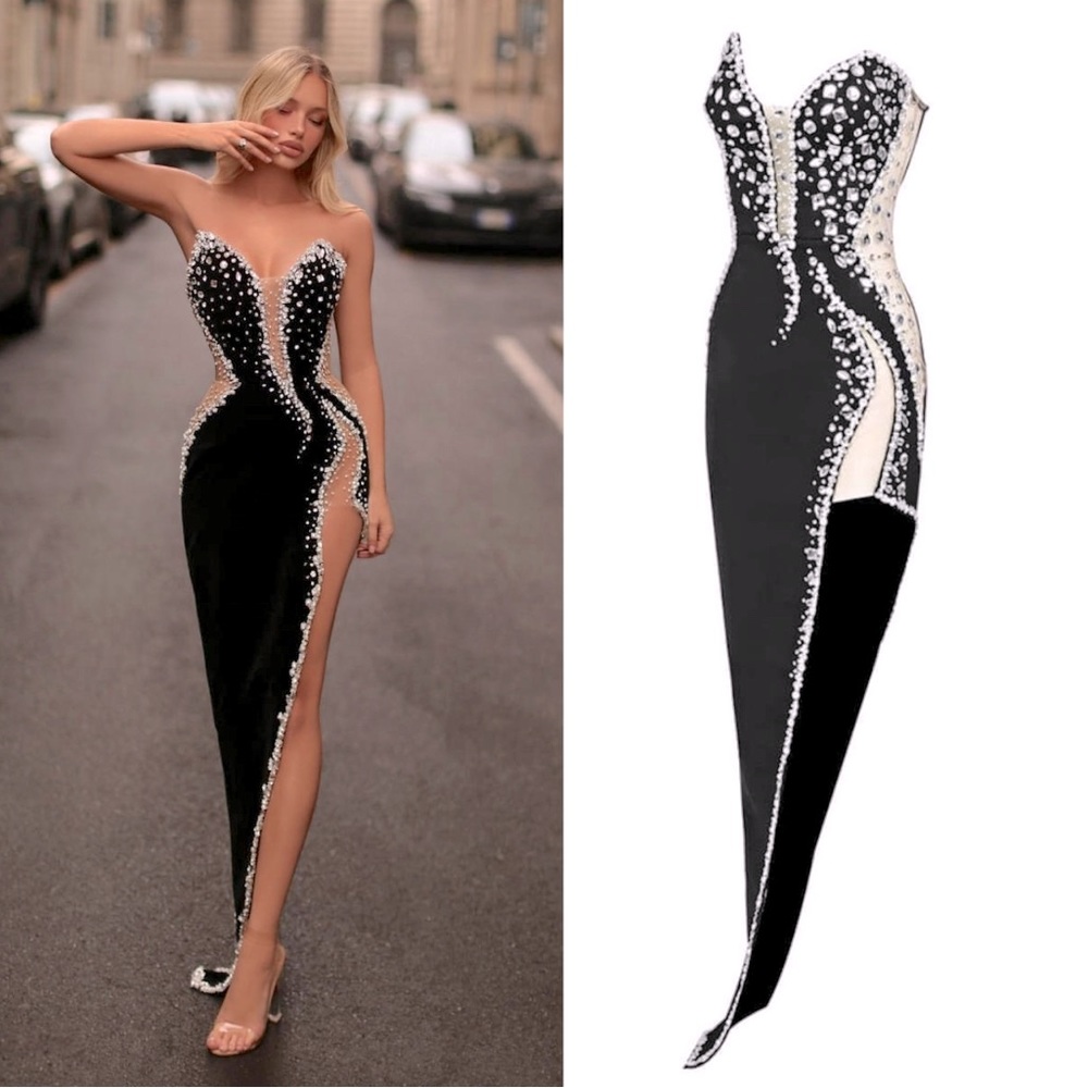 Asymmetrical Strapless Embellished Bandage Dress - Black (Small)